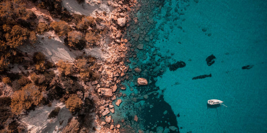 An aerial photograph of the coastline of Ibiza