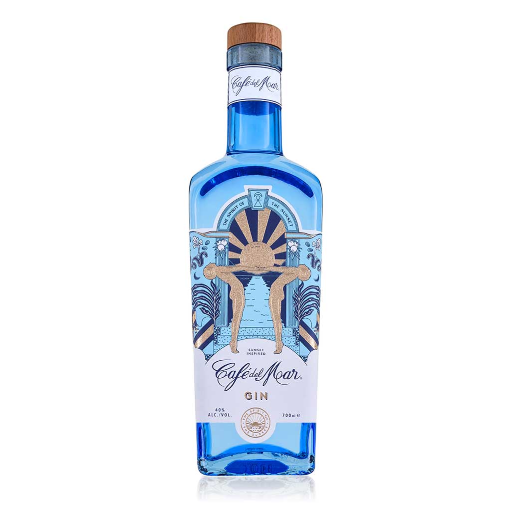 A front view of the label of a bottle of Café del Mar Gin