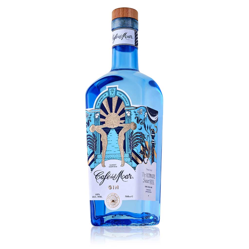 A side view of the label of a bottle of Café del Mar Gin