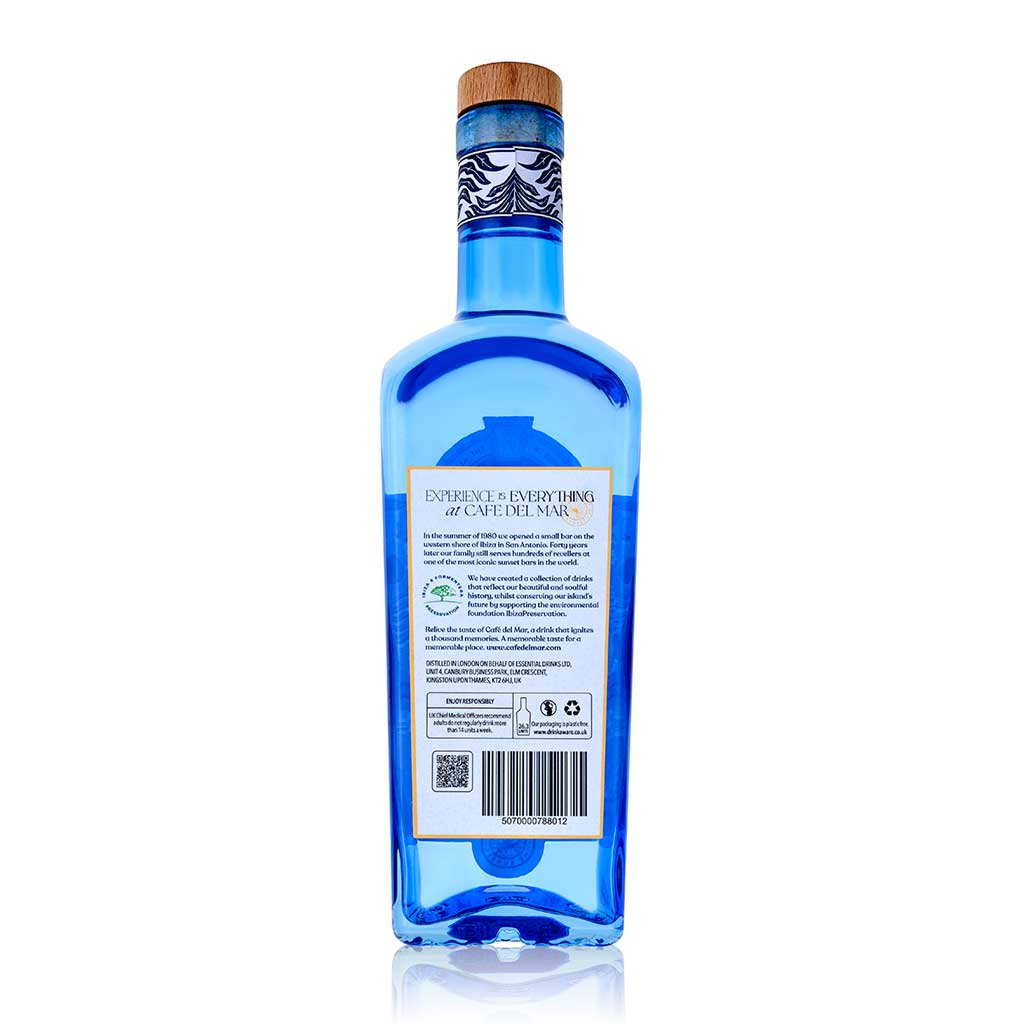A rear view of a bottle of Café del Mar Vodka